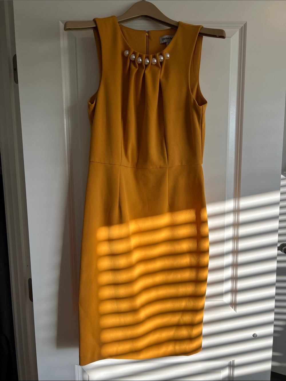 Sleeveless Mustard Pearl-Accent Sheath Dress